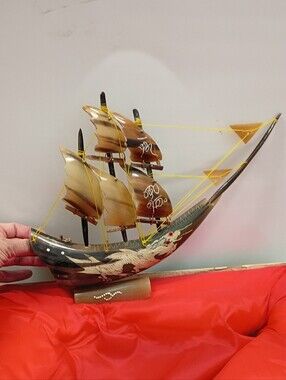 Buffalo Horn IN BOX Sailing Ship with Dragon Nautical Sculpture, Vintage
